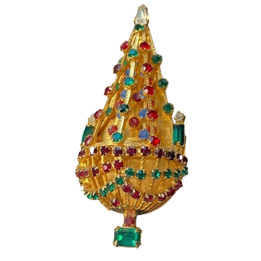Joseph Warner Chandelier Christmas Tree Brooch w/ Candles and Rhinestones RARE